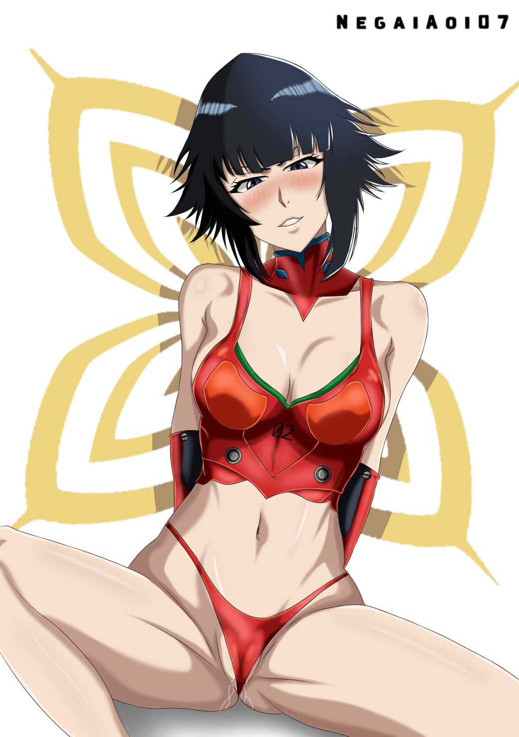 negaiaoi928374, souryuu asuka langley, sui-feng, bleach, neon genesis evangelion, variant set, 1girl, arms behind back, artist name, bar censor, bare shoulders, bikini, black hair, blush, breasts, censored, collarbone, cosplay, elbow gloves, female focus, gloves, mecha pilot suit, medium hair, navel, nipples, parted lips, plugsuit (evangelion), pussy, simple background, small breasts, souryuu asuka langley (cosplay), spread legs, swimsuit, wet, white background