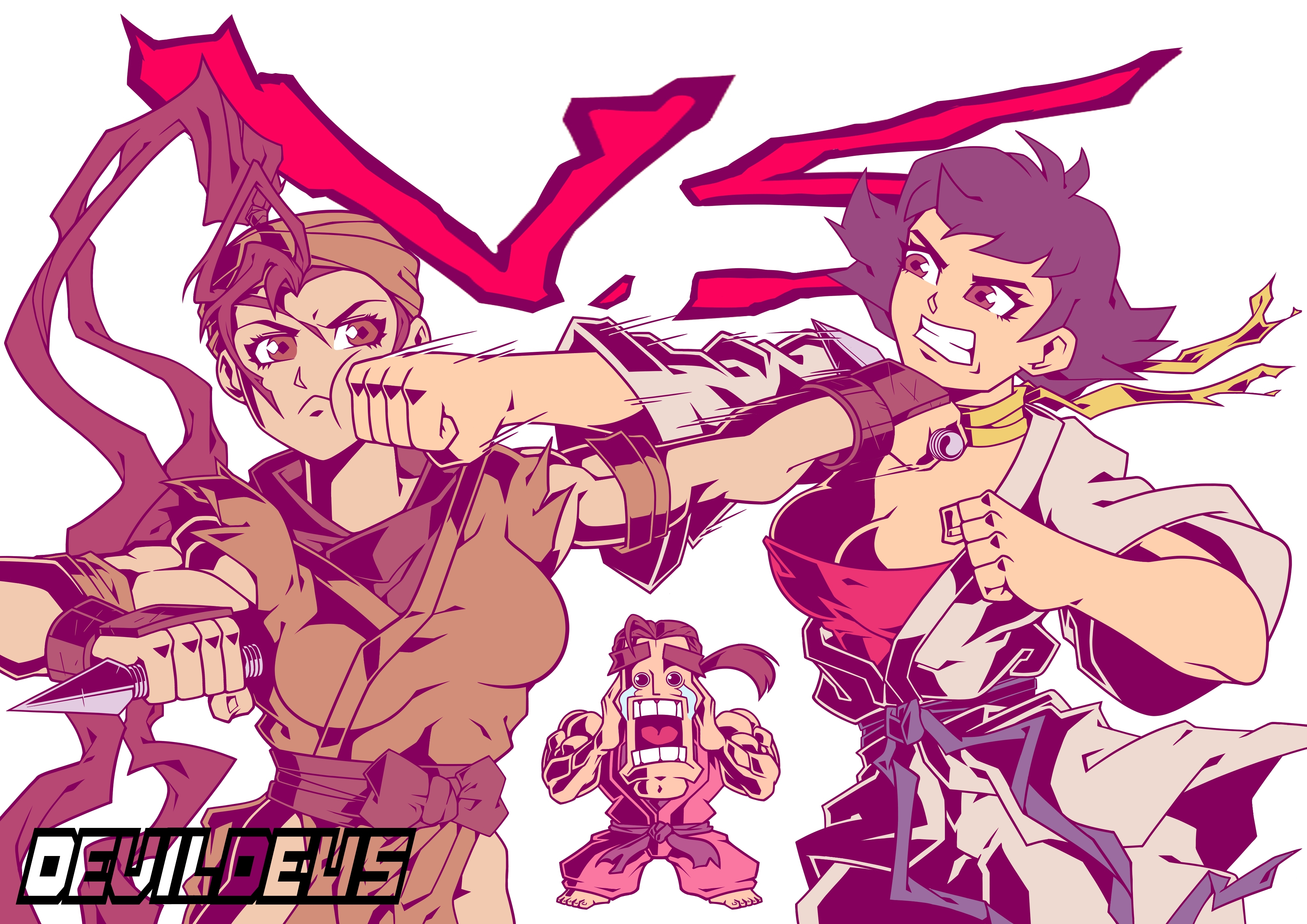 devildeus, hibiki dan, ibuki (street fighter), makoto (street fighter), street fighter, 1boy, 2girls, bandaged arm, bandages, bandana, barefoot, battle, belt, black belt, bow, breasts, brown eyes, cleavage, clenched hand, clenched teeth, dougi, fingerless gloves, gloves, hands on own cheeks, hands on own face, jaw drop, karate gi, kunai, multiple girls, muscular, muscular male, neck ribbon, ninja, pants, pink pants, pink shirt, pink uniform, ponytail, punching, red sports bra, ribbon, shirt, short hair, sports bra, tearing up, teeth, toned, toned female, tongue, tongue out, torn clothes, torn sleeves, waist bow, weapon, white shirt, yellow ribbon