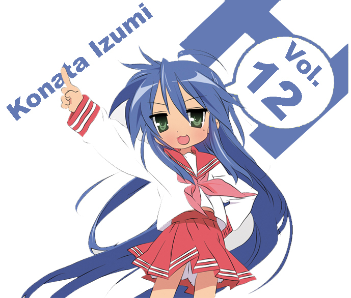 izumi konata, lucky star, suzumiya haruhi no yuuutsu, non-web source, 1girl, ahoge, blue hair, female focus, green eyes, mole, mole under eye, parody, pointing, school uniform, serafuku, solo