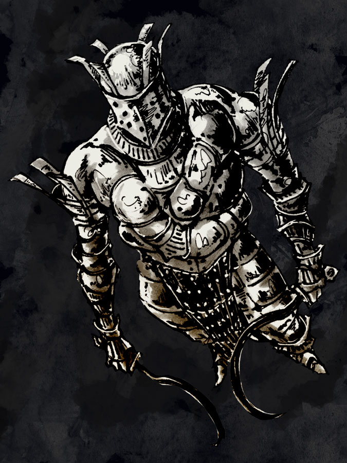 abco, knight lautrec of carim, dark souls (series), dark souls i, commentary request, 1boy, armor, armored boots, boots, breastplate, dual wielding, full armor, full body, gauntlets, greyscale, helm, helmet, holding, knight, male focus, monochrome, shotel, solo, standing, sword, weapon