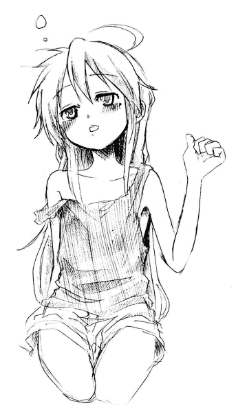 kochoko, izumi konata, lucky star, 00s, 1girl, ahoge, female focus, greyscale, mole, mole under eye, monochrome, shorts, sleepy, solo, tank top
