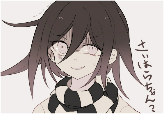sakura (fein5862817), oma kokichi, danganronpa (series), danganronpa v3: killing harmony, commentary request, translation request, 1boy, aegyo sal, border, checkered clothes, checkered scarf, dot nose, furrowed brow, grey background, hair between eyes, jacket, male focus, nervous smile, nervous sweating, scared, scarf, short hair, simple background, smile, solo, sweat, trembling, turn pale, upper body, white border