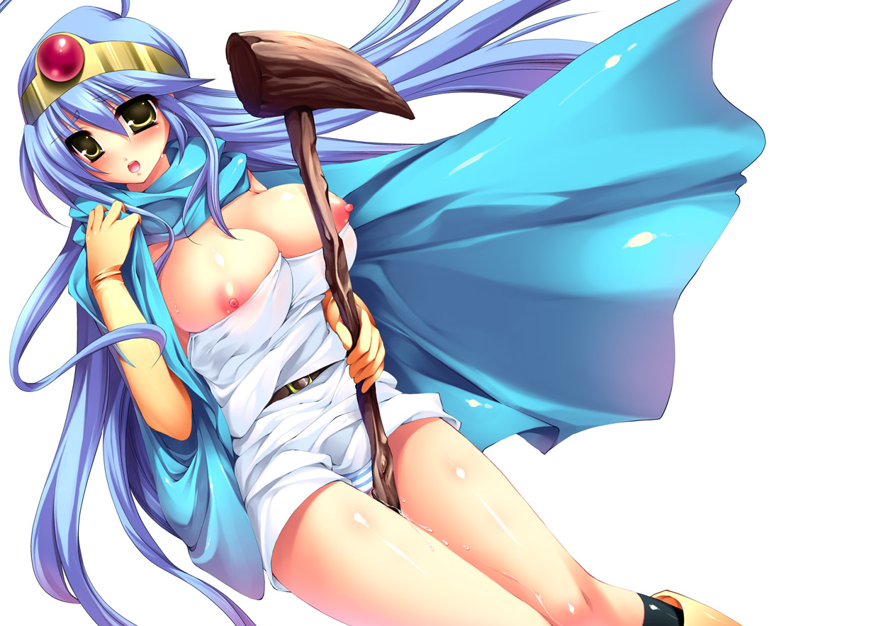 ookami ryousuke, sage (dq3), chunsoft, dragon quest, dragon quest iii, enix, bad id, bad pixiv id, blue hair, breasts, cape, circlet, elbow gloves, gloves, large breasts, long hair, nipples, panties, solo, staff, striped clothes, striped panties, underwear, yellow eyes