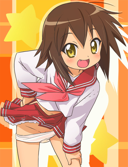 haruyama kazunori, kusakabe misao, lucky star, 00s, 1girl, blush, brown hair, clothes lift, fang, female focus, midriff, navel, panties, panty pull, pleated skirt, school uniform, serafuku, short hair, skirt, skirt lift, smile, solo, star (symbol), underwear, wind, wind lift, yellow eyes
