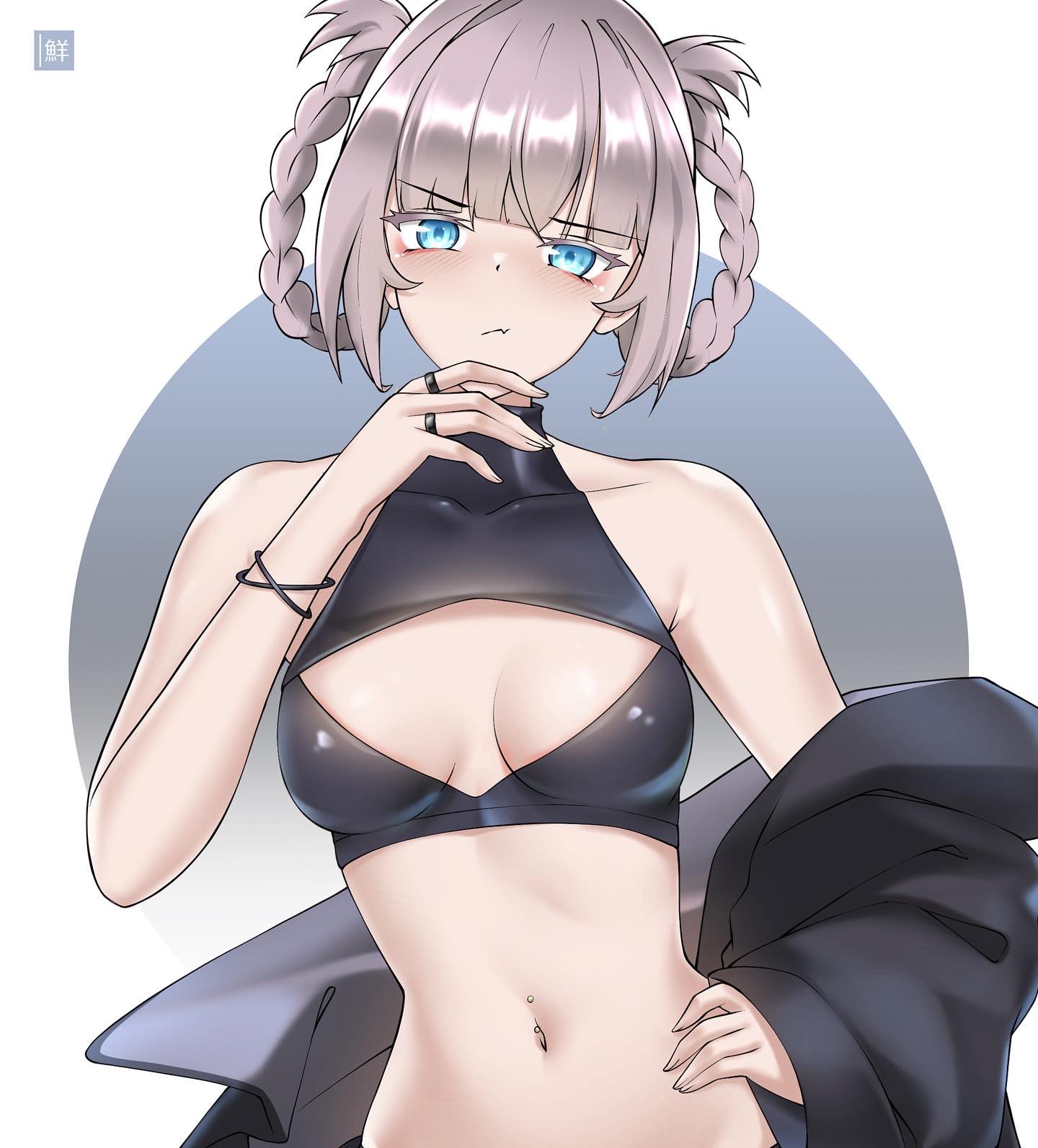 freshtango, nanakusa nazuna (yofukashi no uta), yofukashi no uta, commentary, highres, 1girl, bare shoulders, black coat, blue eyes, bracelet, braid, braided hair rings, breasts, cleavage cutout, closed mouth, clothing cutout, coat, crop top, hair rings, hand on own chin, hand on own hip, jewelry, looking at viewer, navel, navel piercing, piercing, pink hair, ring, small breasts, solo, upper body
