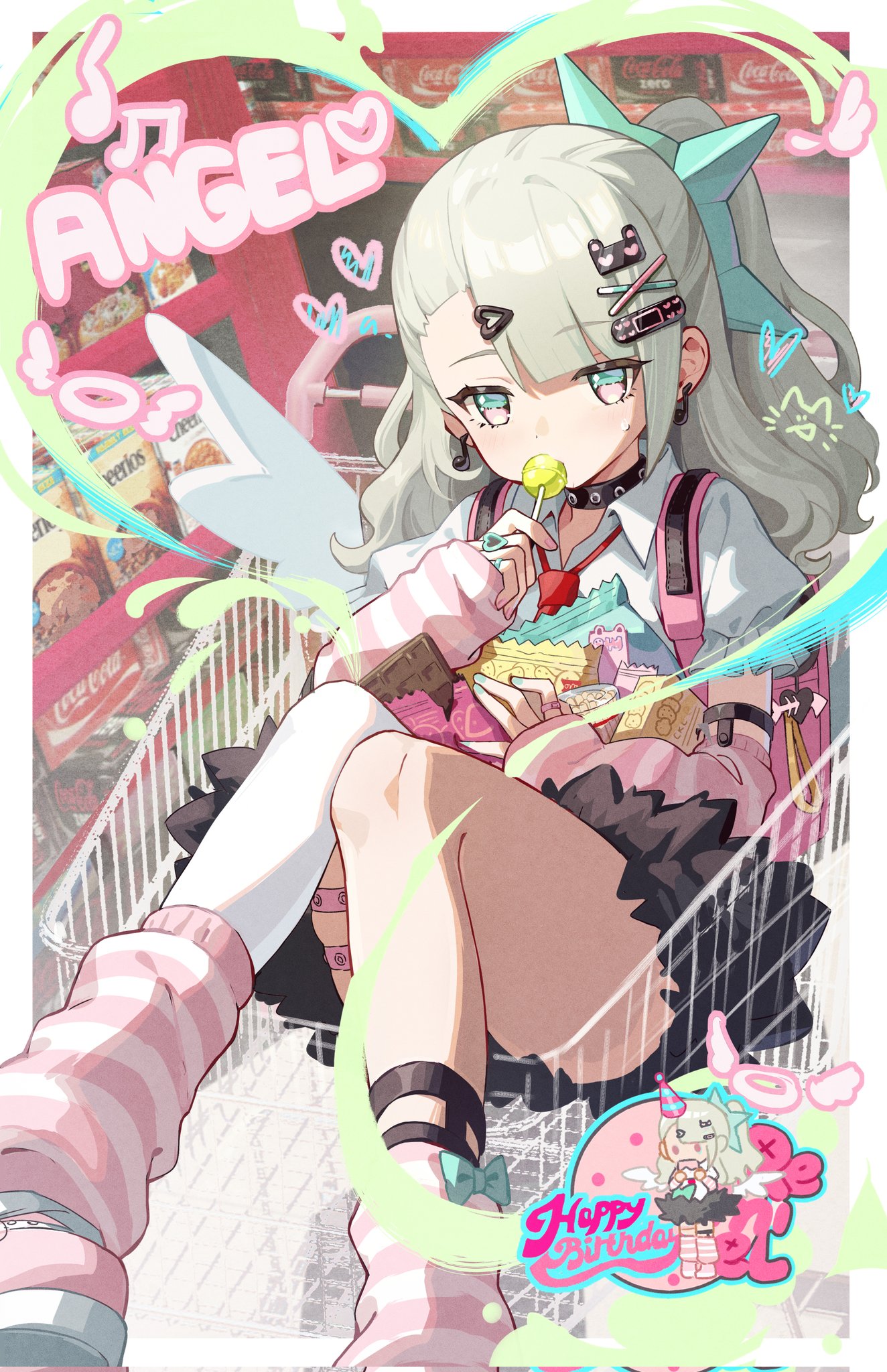 tupikeee, chinatsu remiel, zenless zone zero, highres, 1girl, asymmetrical legwear, bag, bow, candy, chocolate, chocolate bar, choker, earrings, food, grey hair, hair bow, hair ornament, hairclip, holding, holding candy, holding food, holding lollipop, jewelry, lollipop, long hair, necktie, pink socks, shirt, shopping cart, short sleeves, single thighhigh, sitting, skirt, socks, solo, spikes, thigh strap, thighhighs, white shirt