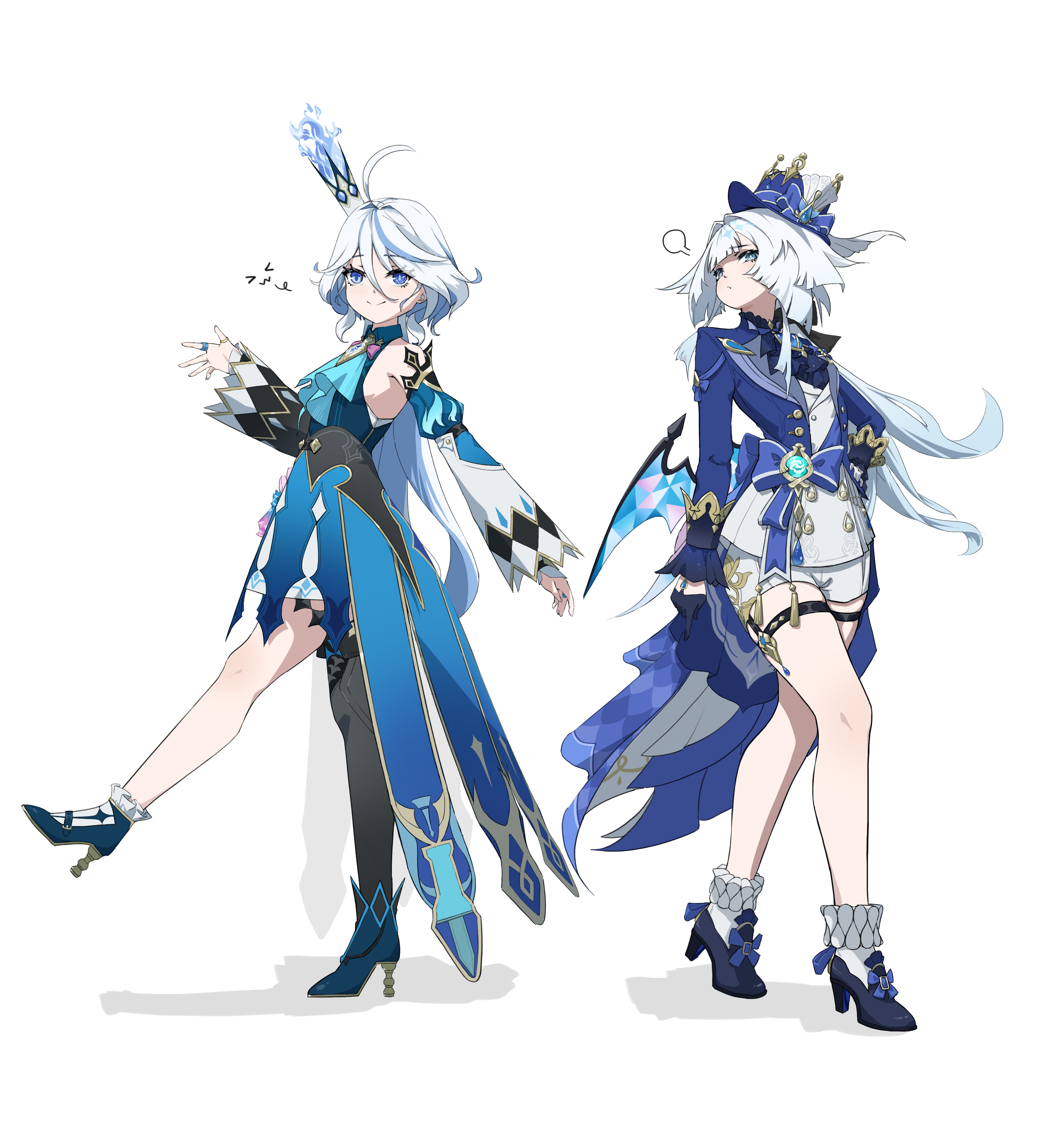 cerydra (honkai: star rail), furina (genshin impact), genshin impact, honkai: star rail, honkai (series), mihoyo, absurdres, highres, 2girls, ahoge, bare legs, black shoes, blue dress, blue eyes, blue hat, blue jacket, cerydra (honkai: star rail) (cosplay), cosplay, crown, detached sleeves, dress, furina (genshin impact) (cosplay), hat, high heels, jacket, juliet sleeves, long hair, long sleeves, looking at viewer, mini crown, multiple girls, puff of air, puffy sleeves, shirt, shoes, short shorts, shorts, simple background, sleeveless, sleeveless dress, smile, socks, tang qqss, thigh strap, top hat, very long hair, white background, white hair, white shirt, white shorts, white socks
