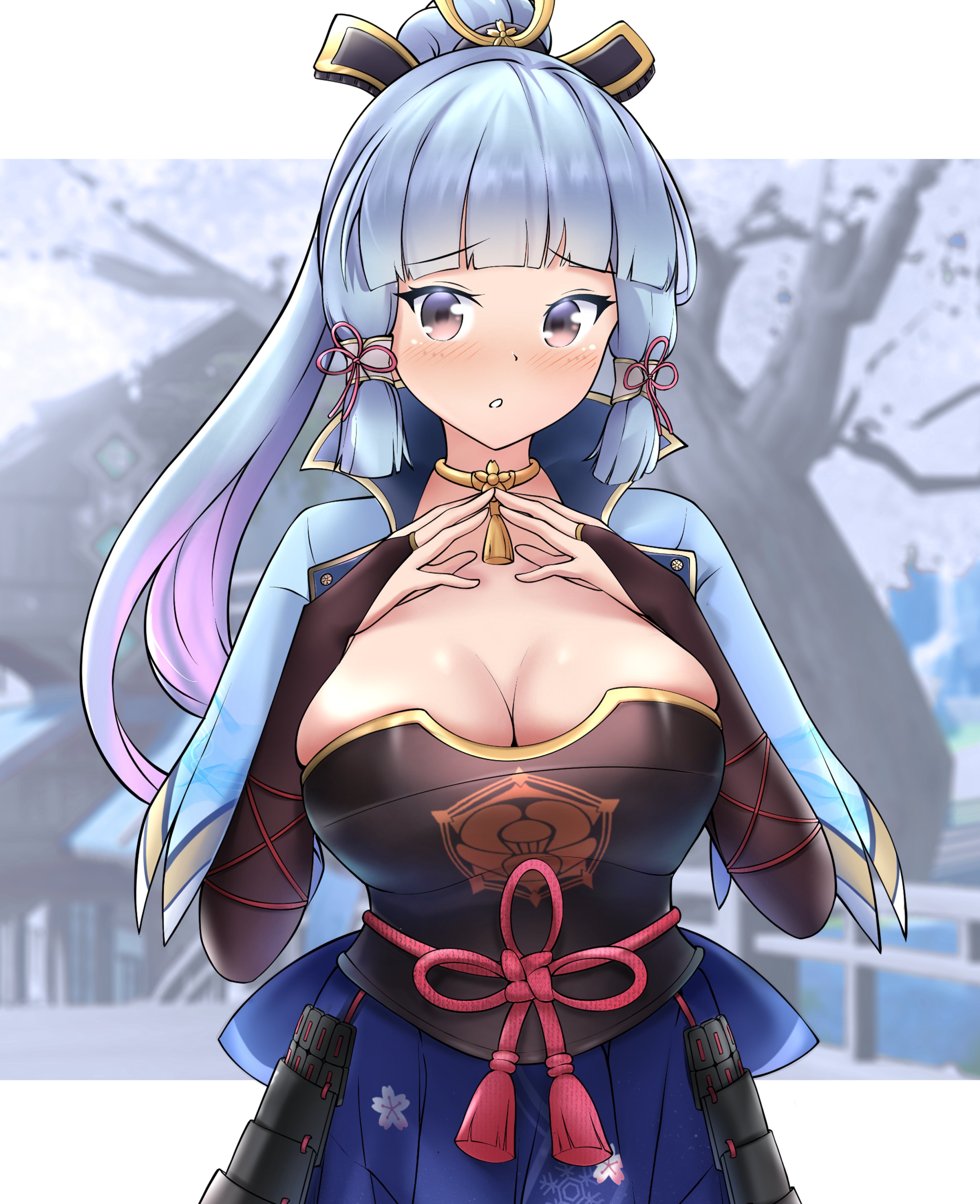 freshtango, ayaka (genshin impact), genshin impact, absurdres, commentary, english commentary, highres, 1girl, armor, blue hair, blue skirt, blunt bangs, border, breastplate, breasts, bridal gauntlets, brown eyes, cleavage, cowboy shot, hair ornament, japanese armor, japanese clothes, jewelry, large breasts, letterboxed, long hair, looking at viewer, neck ring, outside border, parted lips, ribbon, skirt, solo, tassel, tassel hair ornament, white border