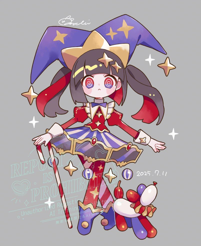 mochimura sorata, original, 1girl, :<, @ @, asymmetrical pantyhose, balloon animal, blue bow, blue bowtie, blue hat, blunt bangs, bow, bowtie, brown hair, candy, candy cane, cane, circus, crossed legs, dated, floating, floating object, food, hat, jester, jester cap, jester costume, looking at viewer, multicolored eyes, multicolored hair, puffy sleeves, red shirt, red streaks, shirt, signature, skirt, solo, star (symbol), striped clothes, striped skirt, twintails, two-tone eyes, two-tone hair, vertical-striped clothes, vertical-striped skirt
