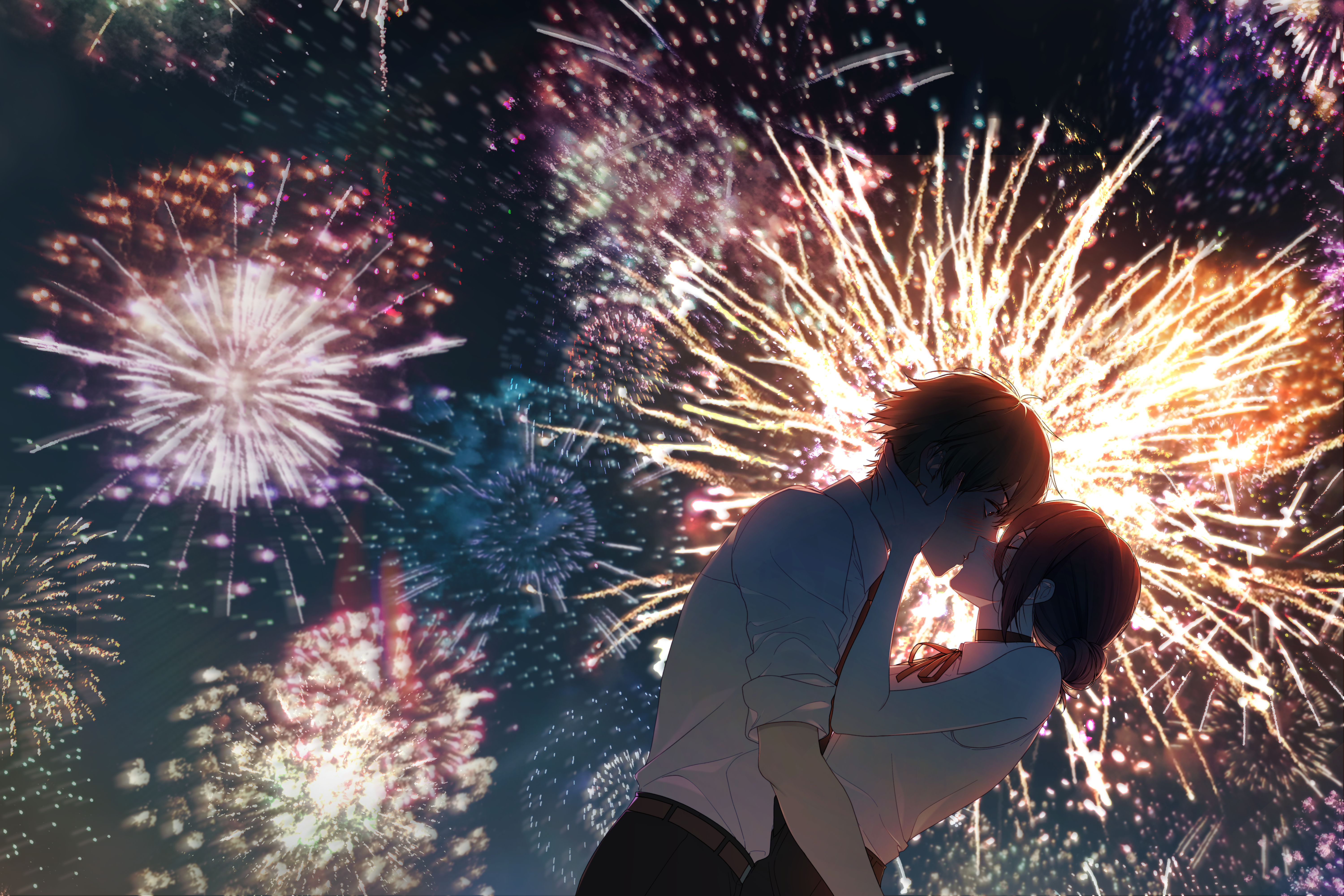 denji (chainsaw man), reze (chainsaw man), chainsaw man, absurdres, highres, 1boy, 1girl, aerial fireworks, black choker, black hair, black necktie, blonde hair, choker, closed eyes, collared shirt, fireworks, hair bun, hand on another's face, hetero, kiss, necktie, night, outdoors, ryu miryu, shirt, sleeveless, sleeveless shirt, sleeves rolled up, white shirt