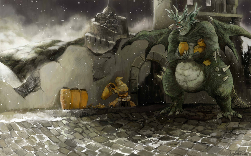 asylum demon, chosen undead, dark souls (series), dark souls i, commentary, english commentary, 1other, black gloves, brown hood, crowonfire, demon, fingerless gloves, full body, gloves, holding, holding jar, hood, hood up, in-universe location, jar, monster, ruins, snow, snowing