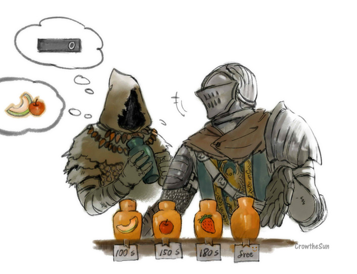 chosen undead, knight of astora oscar, dark souls (series), dark souls i, commentary, english commentary, 1boy, 1other, apple, armor, brown hood, crowonfire, estus flask, food, fruit, gauntlets, helm, helmet, hood, hood up, knight, looking at another, melon, melon slice, pauldrons, shoulder armor, simple background, strawberry, upper body, white background