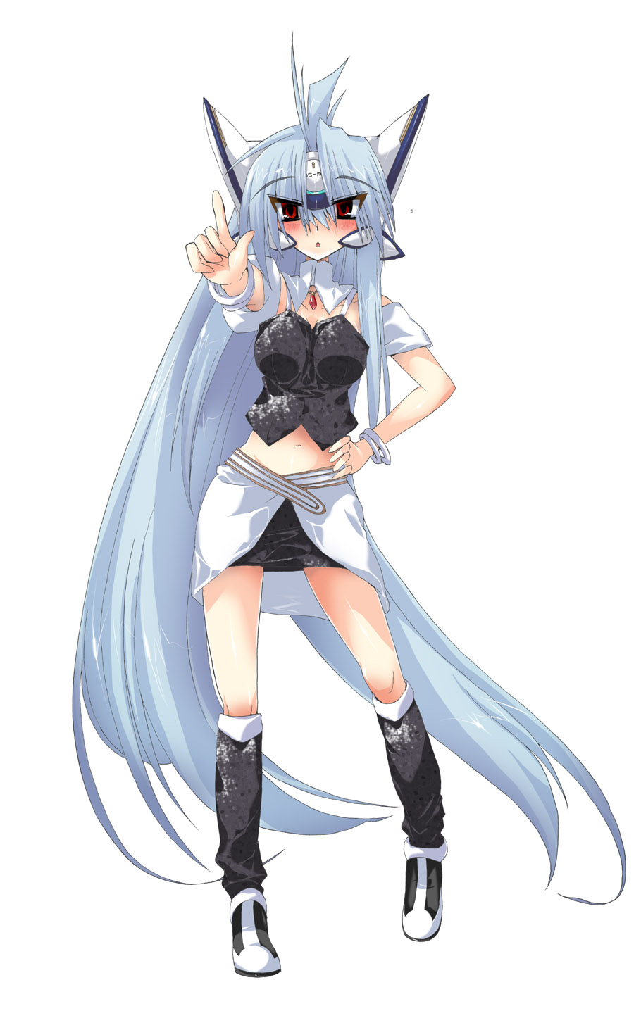 hairan, kos-mos, kos-mos ver. 4, xenosaga, xenosaga episode iii, highres, 00s, 1girl, absurdly long hair, blue hair, blush, bracelet, female focus, hand on own hip, jewelry, long hair, midriff, pointing, red eyes, robot ears, skirt, solo, very long hair