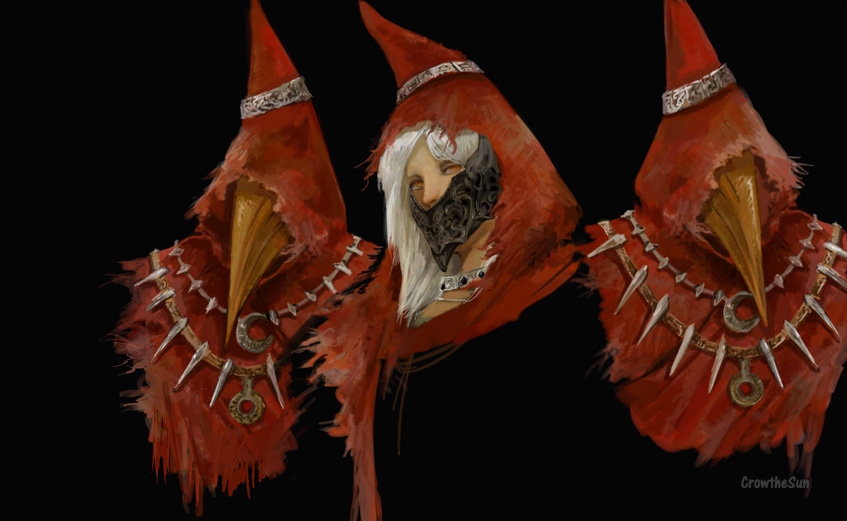 dark souls (series), dark souls i, commentary, english commentary, 1boy, black background, crowonfire, hood, hood up, ingward the guardian of the seal, mask, masked, multiple views, red eyes, red hood, simple background, upper body, white hair