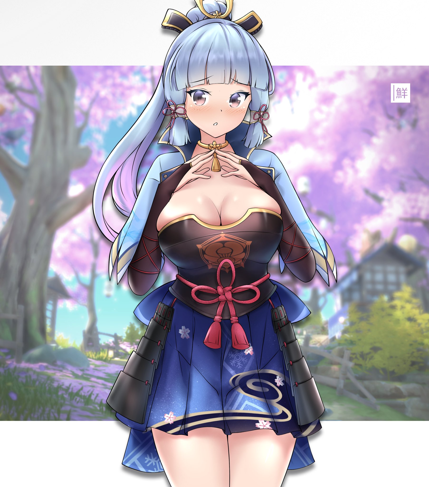 freshtango, ayaka (genshin impact), genshin impact, commentary, english commentary, highres, 1girl, armor, blue hair, blue skirt, blunt bangs, border, breastplate, breasts, bridal gauntlets, brown eyes, cleavage, cowboy shot, hair ornament, japanese armor, japanese clothes, jewelry, large breasts, letterboxed, long hair, looking at viewer, neck ring, outside border, parted lips, ribbon, skirt, solo, tassel, tassel hair ornament, white border