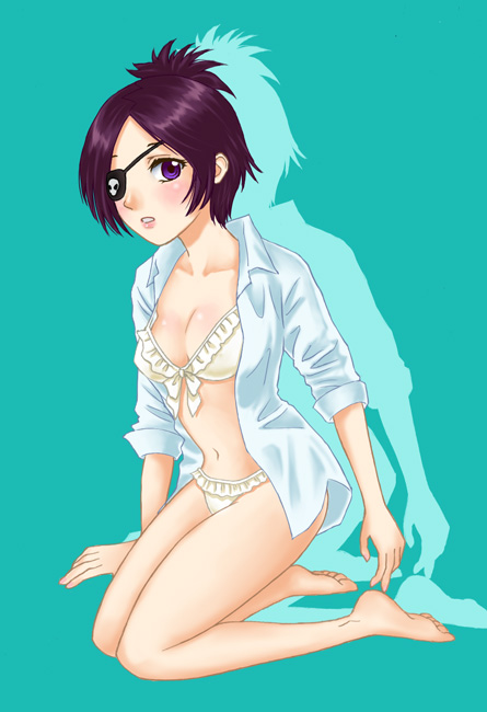 hamura mayu, chrome dokuro, katekyo hitman reborn!, 00s, 1girl, aqua background, barefoot, bikini, bra, eyepatch, female focus, front-tie top, kneeling, lingerie, open clothes, open shirt, panties, purple eyes, purple hair, shirt, short hair, sleeves rolled up, solo, swimsuit, underwear, white bikini, white panties