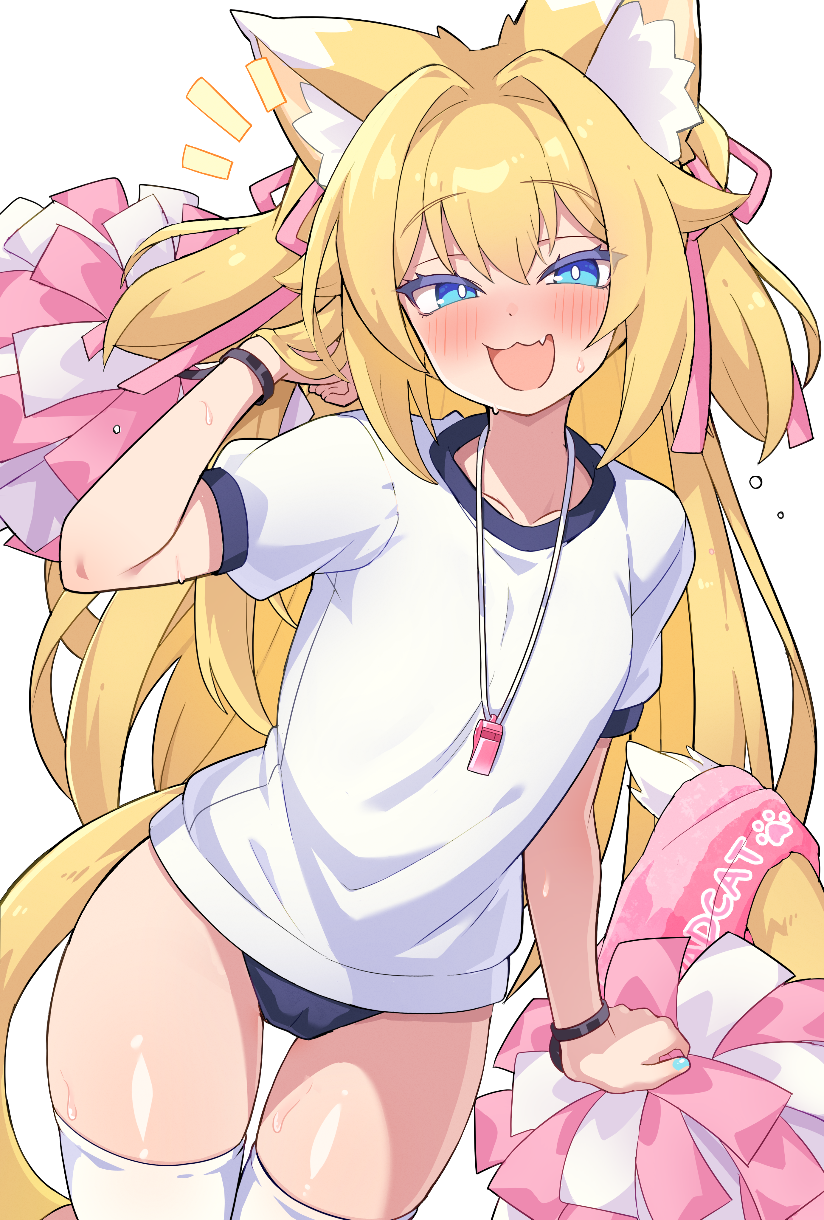 ug (nekonekodou), original, absurdres, highres, variant set, 1girl, :3, animal ears, arm up, blonde hair, blue buruma, blue eyes, blush, bright pupils, buruma, cat ears, cat girl, cat tail, colored eyelashes, cowboy shot, dot nose, fang, gym shirt, gym shorts, gym uniform, hair ribbon, hand in own hair, holding, holding pom poms, long hair, looking at viewer, notice lines, open mouth, pink ribbon, pom pom (cheerleading), pom poms, raglan sleeves, ribbon, shirt, short sleeves, shorts, skin fang, solo, sweat, tail, thighhighs, towel, whistle, whistle around neck, white background, white pupils, white shirt, white thighhighs