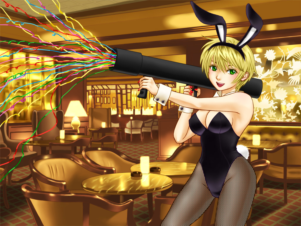 hamura mayu, bad id, bad pixiv id, animal ears, blonde hair, casino, fake animal ears, fishnet pantyhose, fishnets, green eyes, m1 bazooka, pantyhose, party popper, playboy bunny, rabbit ears, rocket launcher, short hair, solo, weapon