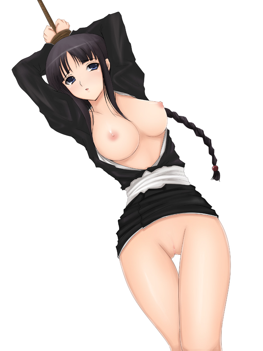 shima-shuu, kurotsuchi nemu, bleach, bad id, bad pixiv id, highres, 00s, 1girl, arms up, bdsm, black hair, blue eyes, bondage, bottomless, bound, bound wrists, braid, breasts, female focus, long hair, nipples, no panties, open clothes, open shirt, purple hair, pussy, shirt, single braid, solo, thigh gap, thighs, uncensored