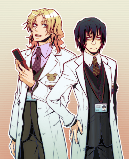 pae (ac40935 m41), pael, tyler chase, victor niguel, chou shittou caduceus, 2boys, :d, aragaki shuuya, belt, black hair, blonde hair, brown hair, buckle, cowboy shot, emblem, hand on own hip, long hair, looking at viewer, multiple boys, open mouth, short hair, smile, standing, wavy hair