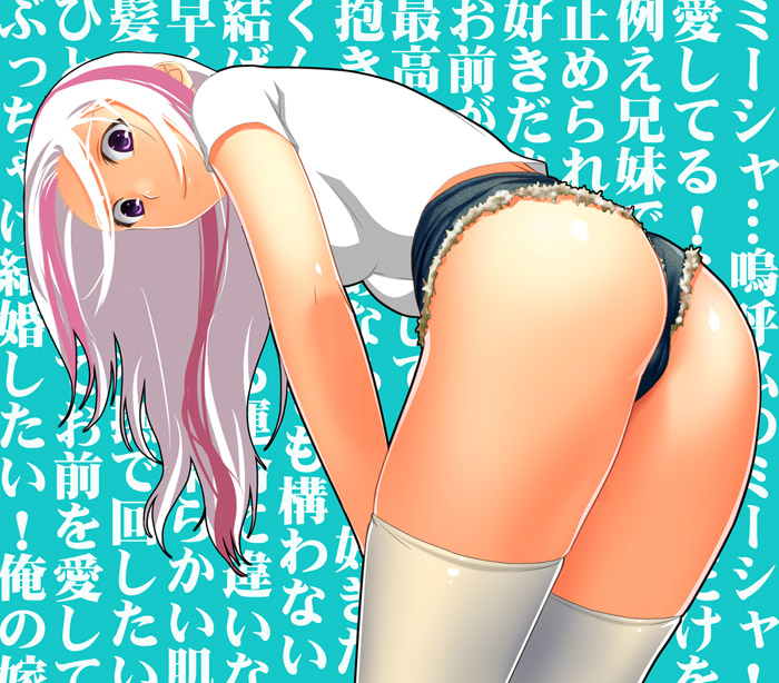 isobe, artemisia, moira, sound horizon, bad id, bad pixiv id, 1girl, ass, bent over, denim, denim shorts, female focus, long hair, multicolored hair, purple eyes, short shorts, shorts, solo, streaked hair, thighhighs, two-tone hair, white hair, white thighhighs