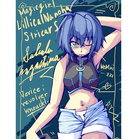 subaru nakajima, lyrical nanoha, mahou shoujo lyrical nanoha, mahou shoujo lyrical nanoha strikers, lowres, non-web source, 00s, 1girl, armpits, bare shoulders, blue hair, denim, denim shorts, female focus, green eyes, midriff, one eye closed, open fly, panties, short hair, shorts, solo, underwear, unzipped, white panties, wink
