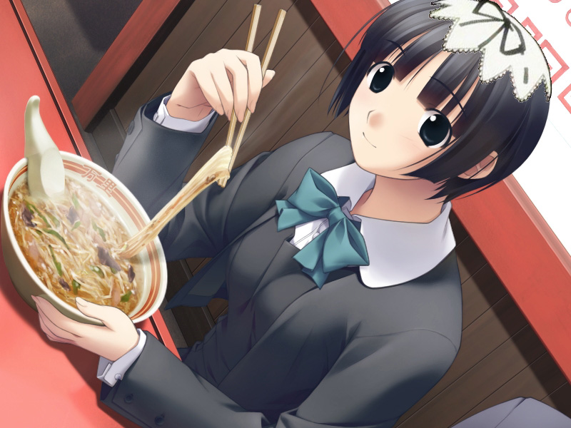 hashimoto takashi, ichinose mio, white breath, game cg, non-web source, 1girl, black eyes, black hair, blazer, bowl, chopsticks, dutch angle, female focus, food, jacket, noodles, ramen, short hair, smile, solo, spoon, steam