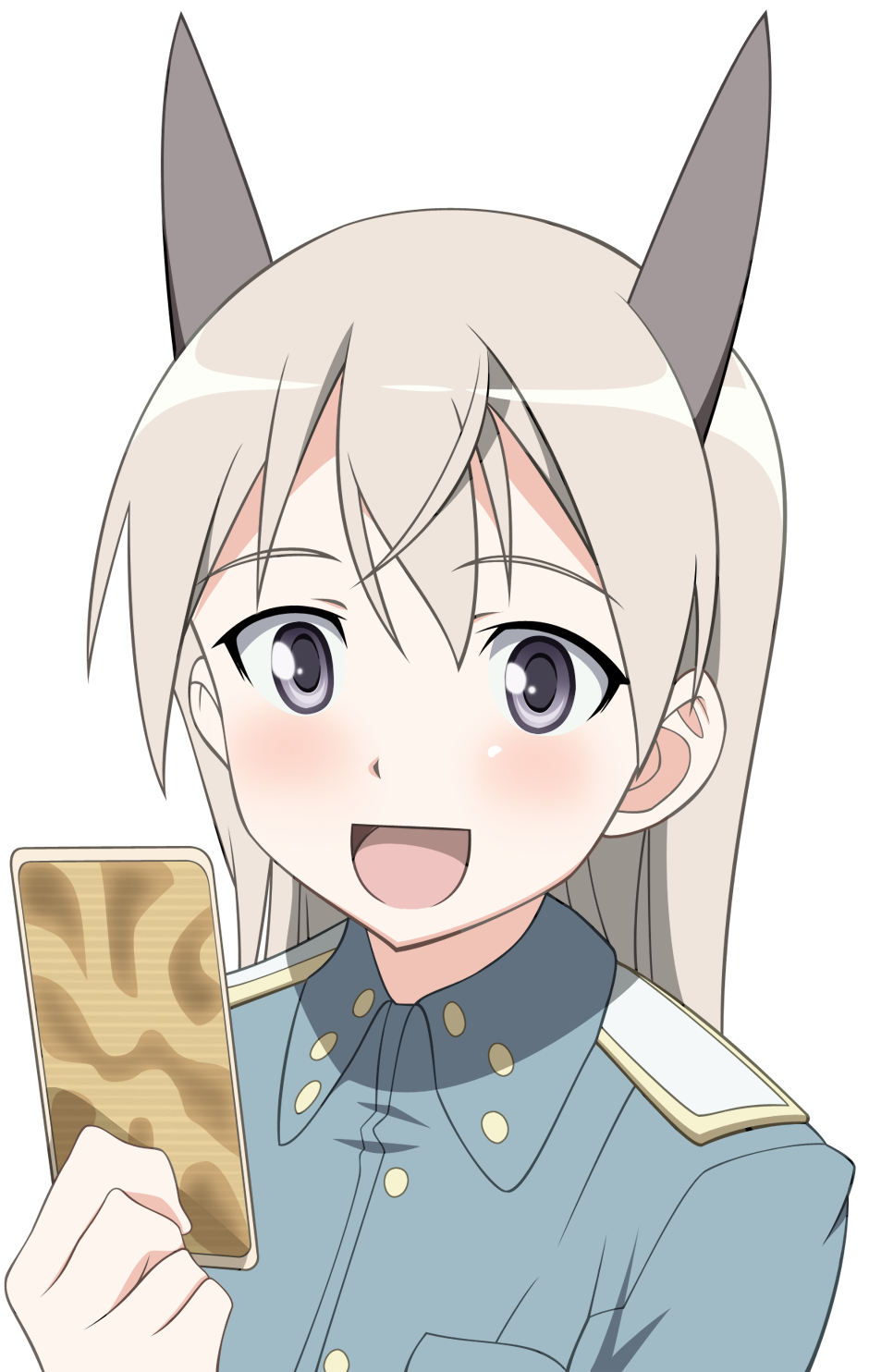 eila ilmatar juutilainen, strike witches, world witches series, uniform, derivative work, highres, non-web source, vector trace, 00s, 1girl, animal ears, blue eyes, card, female focus, holding, holding card, long hair, solo, transparent background