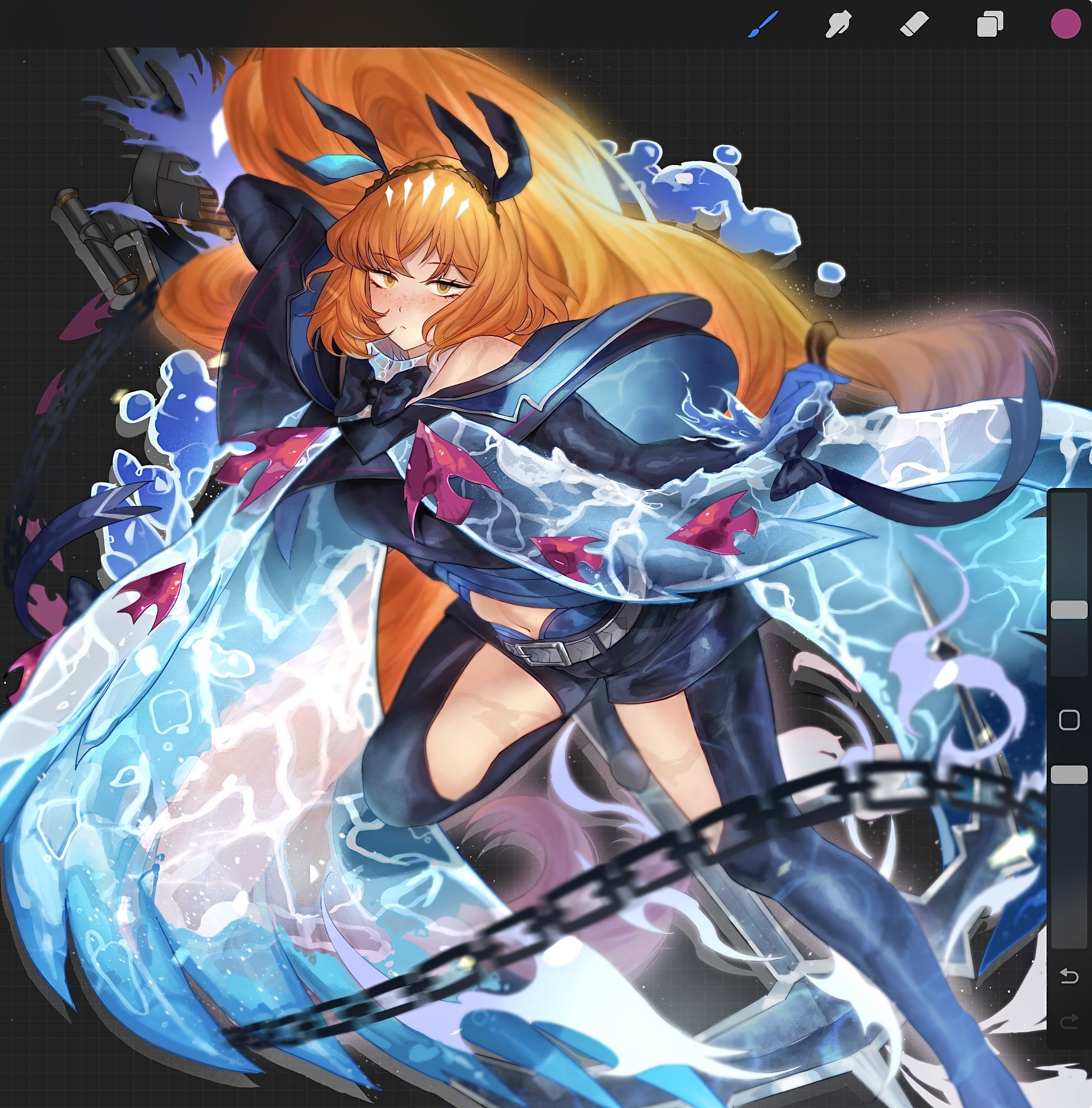 ishmael (project moon), arknights, limbus company, project moon, highres, 1girl, arr 1l, art program in frame, black bow, black bowtie, black capelet, black gloves, black pants, bow, bowtie, brown hairband, capelet, chain, clothing cutout, freckles, gloves, grey background, hairband, long hair, looking at viewer, multiple hair ribbons, navel cutout, off-shoulder capelet, orange hair, pants, simple background, solo, standing, thigh cutout, tidal elegy (e.g.o), upper body, water, yellow eyes