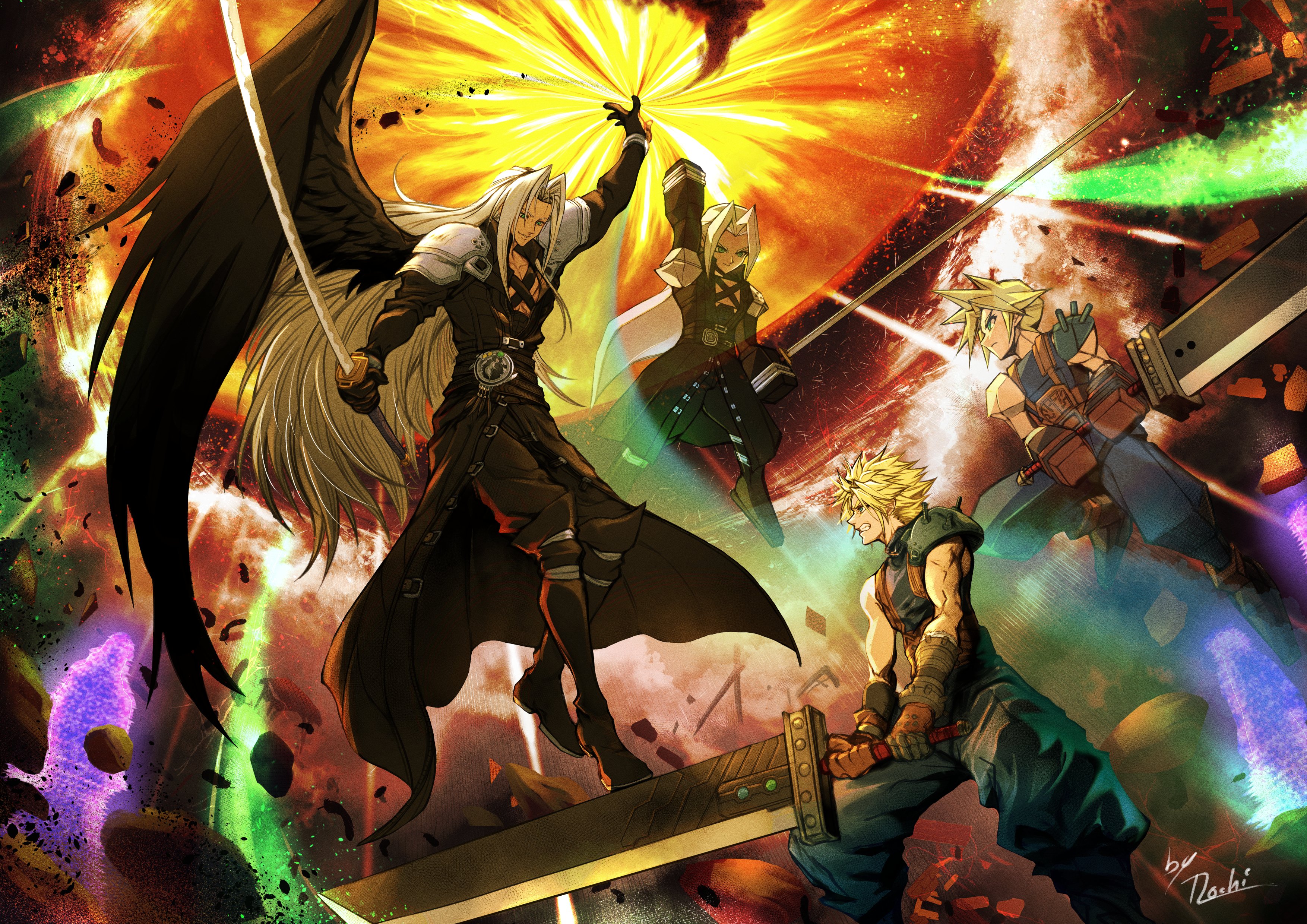mochi mangaka, cloud strife, sephiroth, final fantasy, final fantasy vii, final fantasy vii remake, absurdres, highres, 4boys, arm up, armor, black coat, blonde hair, buster sword, chest strap, clenched teeth, coat, dual persona, grey hair, holding, holding sword, holding weapon, long coat, long hair, low poly, masamune (ff7), meteor, multiple boys, parted bangs, shoulder armor, single wing, sleeveless, sleeveless turtleneck, spiked hair, sword, teeth, turtleneck, very long hair, weapon, wings