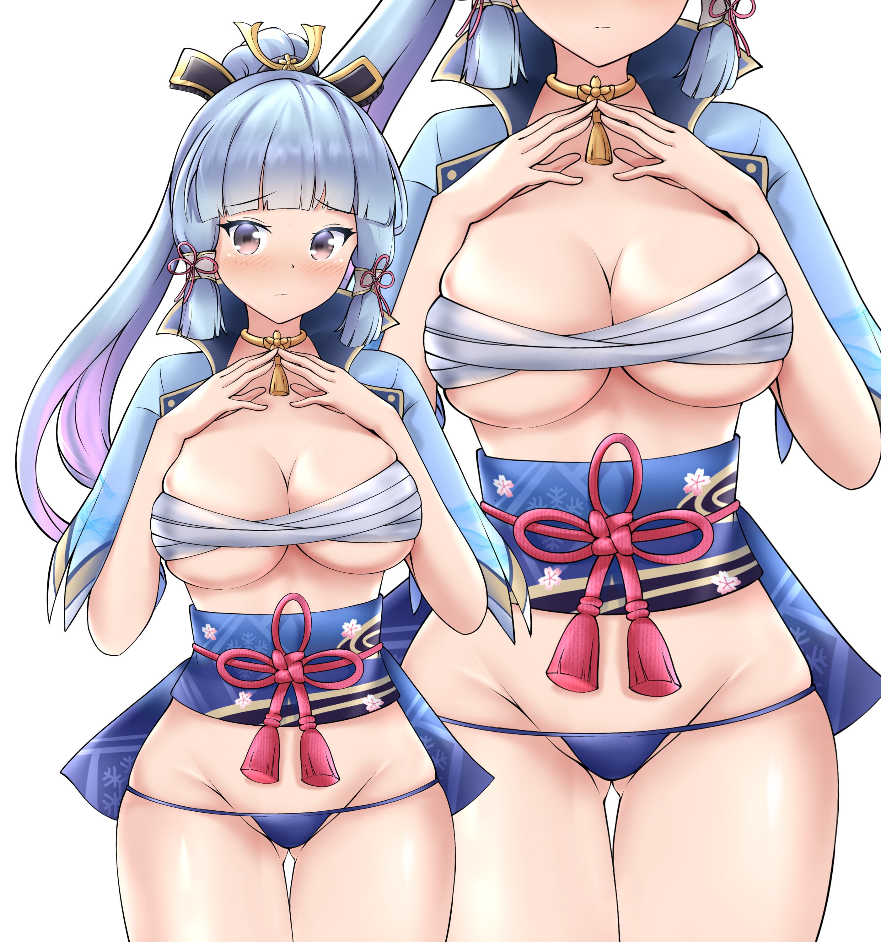 freshtango, ayaka (genshin impact), genshin impact, absurdres, commentary, highres, 1girl, blue hair, blue panties, blue sash, blue skirt, blunt bangs, breasts, bridal gauntlets, brown eyes, chest sarashi, cleavage, cowboy shot, hair ornament, japanese clothes, jewelry, large breasts, letterboxed, long hair, looking at viewer, neck ring, obi, panties, parted lips, ribbon, sarashi, sash, simple background, skirt, solo, tassel, tassel hair ornament, underboob, underwear, white background, zoom layer