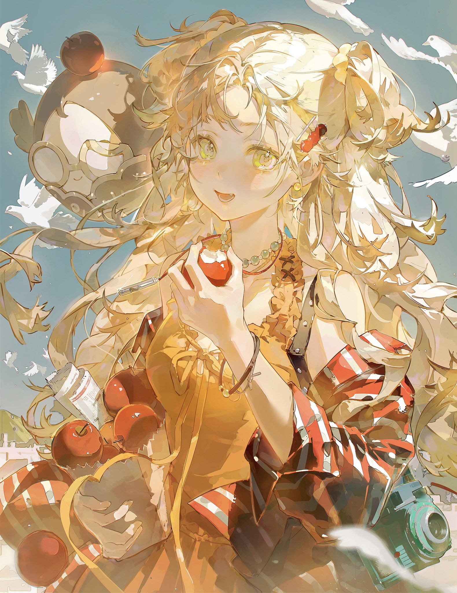 yeej chan, original, highres, 1girl, apple, bag, bird, blonde hair, blue sky, bracelet, earrings, fang, food, fruit, green eyes, hair bun, hair ornament, hairclip, holding, holding bag, holding food, holding fruit, jacket, jacket partially removed, jewelry, long hair, looking at viewer, necklace, open mouth, outdoors, paper bag, red jacket, shopping bag, sky, smile, solo, upper body, yellow eyes