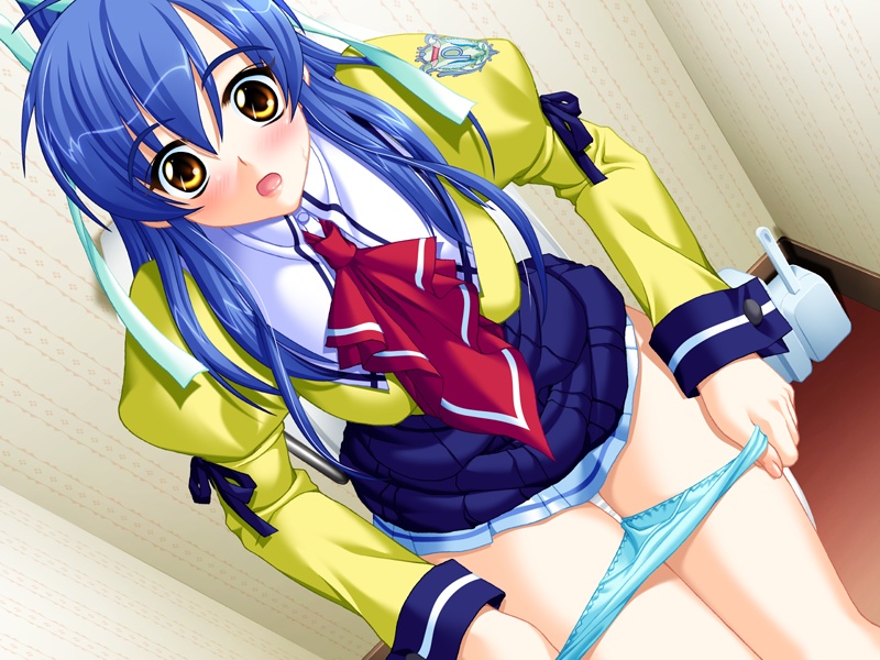 mizushima oonari, shidou aoi, school heaven, uniform, game cg, 1girl, bathroom, blue hair, blue panties, blush, female focus, hair ribbon, open mouth, panties, panty pull, public restroom, ribbon, solo, toilet, toilet use, underwear