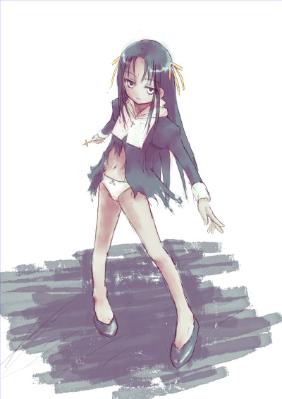 cocone fatima rosa, kodansha, mahou sensei negima!, 00s, black hair, dark skin, long hair, panties, torn clothes, underwear, white panties