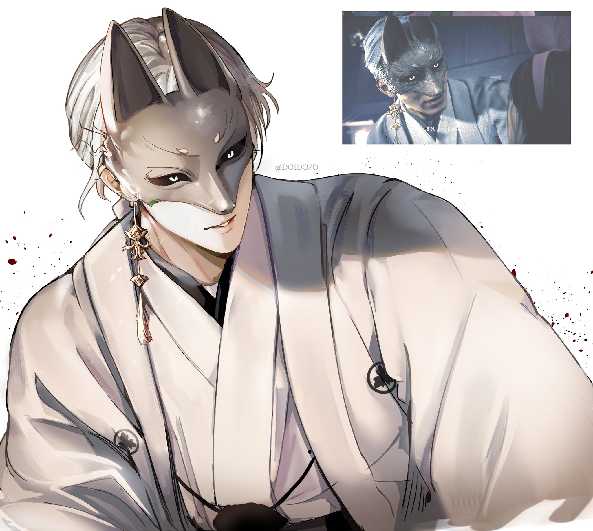doido7o, fox mask (silent hill), silent hill (series), silent hill f, highres, photo-referenced, 1boy, black sclera, colored sclera, earrings, fox mask, japanese clothes, jewelry, kimono, male focus, mask, robe, tassel, tassel earrings, white hair, white kimono, white robe