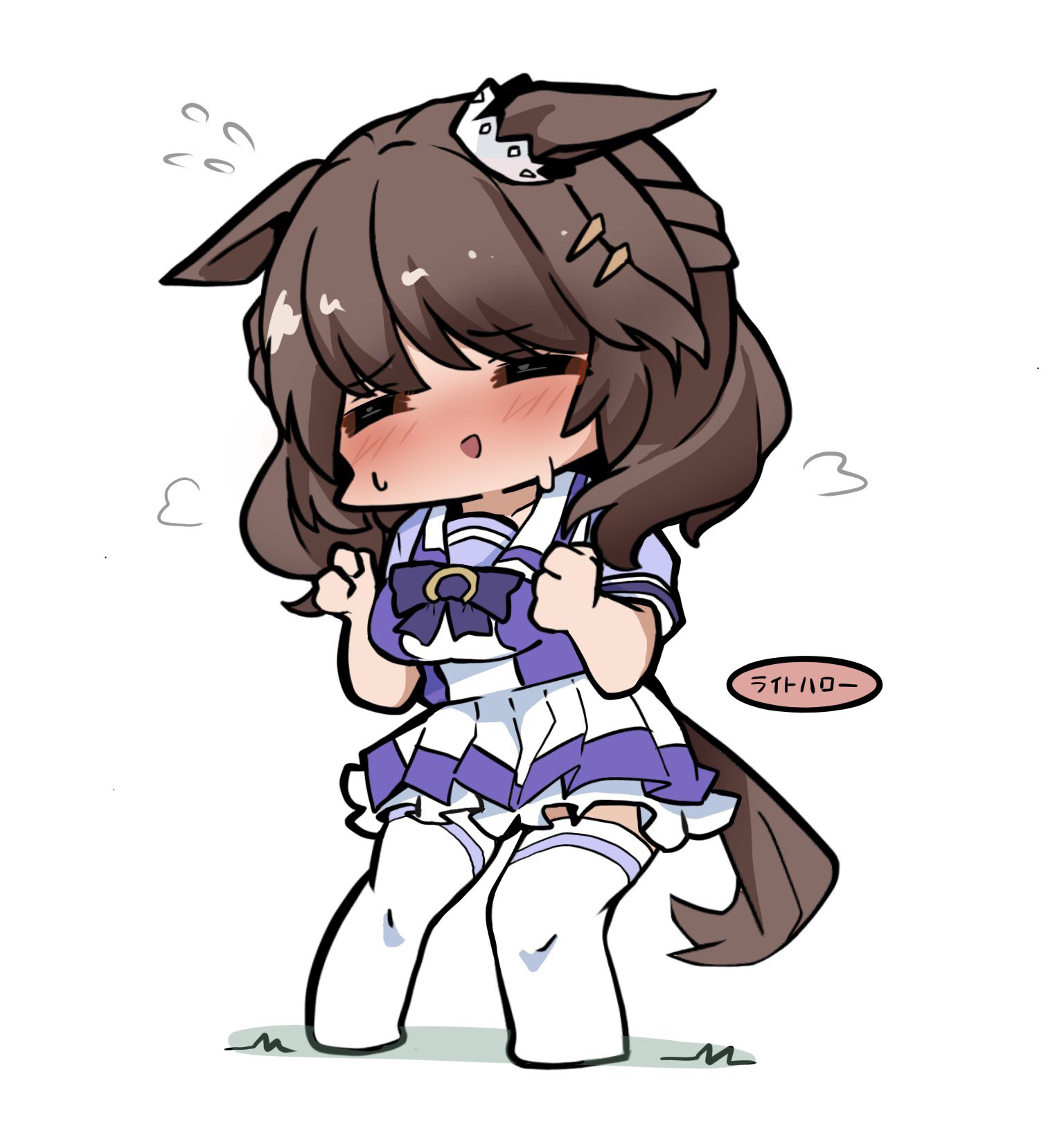 kawamochi (tddm3573), light hello (umamusume), umamusume, highres, 1girl, :d, animal ears, blush, bow, breasts, brown hair, character name, closed eyes, facing viewer, flying sweatdrops, frilled skirt, frills, full body, horse ears, horse girl, horse tail, medium breasts, nervous smile, nose blush, open mouth, pleated skirt, puffy short sleeves, puffy sleeves, purple bow, purple shirt, school uniform, shirt, short sleeves, simple background, skirt, smile, solo, standing, sweat, tail, thighhighs, tracen school uniform, white background, white skirt, white thighhighs