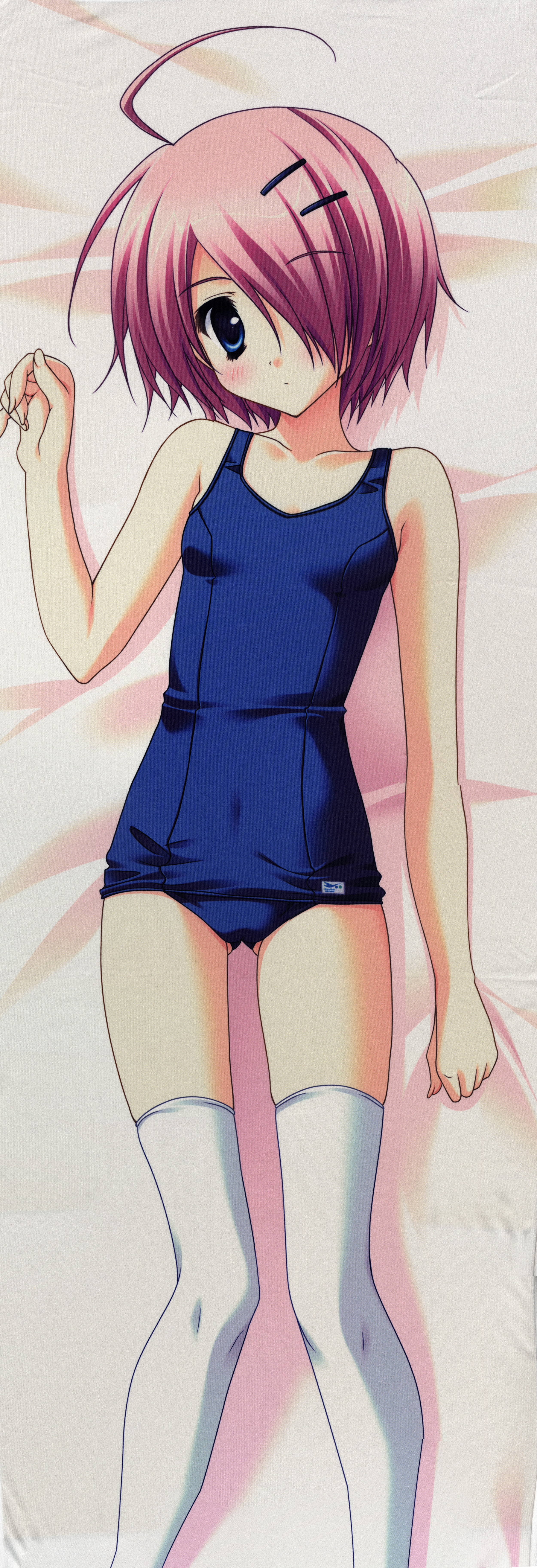 ryouka (suzuya), shiraishi nagomi, akane-iro ni somaru saka, absurdres, highres, long image, non-web source, tall image, ahoge, bed, blue eyes, blush, dakimakura (medium), hair over one eye, one-piece swimsuit, red hair, school swimsuit, short hair, solo, swimsuit, thighhighs