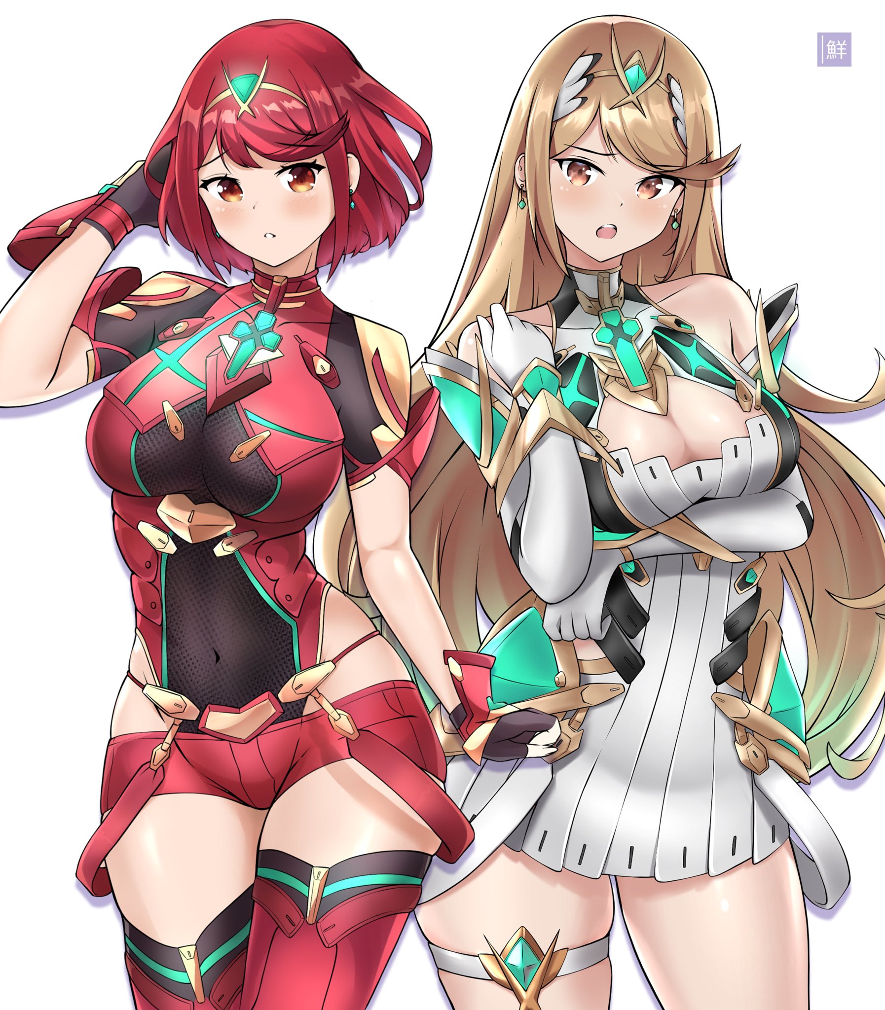 freshtango, mythra (xenoblade), pyra (xenoblade), xenoblade chronicles (series), xenoblade chronicles 2, commentary, highres, 2girls, arm under breasts, blonde hair, bob cut, boots, breasts, brown eyes, brown gloves, chest jewel, cleavage, cleavage cutout, clothing cutout, core crystal (xenoblade), covered navel, cowboy shot, dress, earrings, elbow gloves, gem, gloves, green gemstone, hand in own hair, impossible clothes, jewelry, large breasts, long hair, looking at viewer, micro shorts, microdress, multiple girls, open mouth, parted lips, red boots, red eyes, red hair, red shorts, short hair, shorts, simple background, sleeveless, sleeveless dress, swept bangs, teeth, thigh boots, thigh strap, tiara, upper teeth only, white background, white dress, white gloves