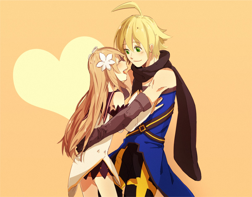 chiko (beroro), emil castagnier, marta lualdi, tales of (series), tales of symphonia, tales of symphonia: dawn of the new world, 00s, 1boy, 1girl, blonde hair, brown hair, couple, elbow gloves, flower, gloves, green eyes, hetero, long hair, orange background, scarf, smile