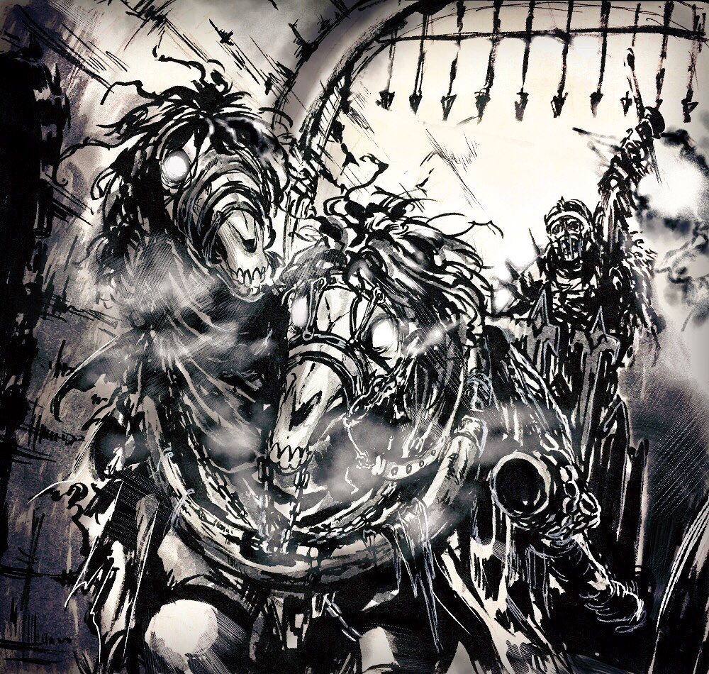 kurotake ihi, dark souls (series), dark souls ii, commentary request, barding, chain, chariot, executioner's chariot, gate, glowing, glowing eyes, greyscale, horse, indoors, monochrome, monster, no humans, reins, skeleton, undead