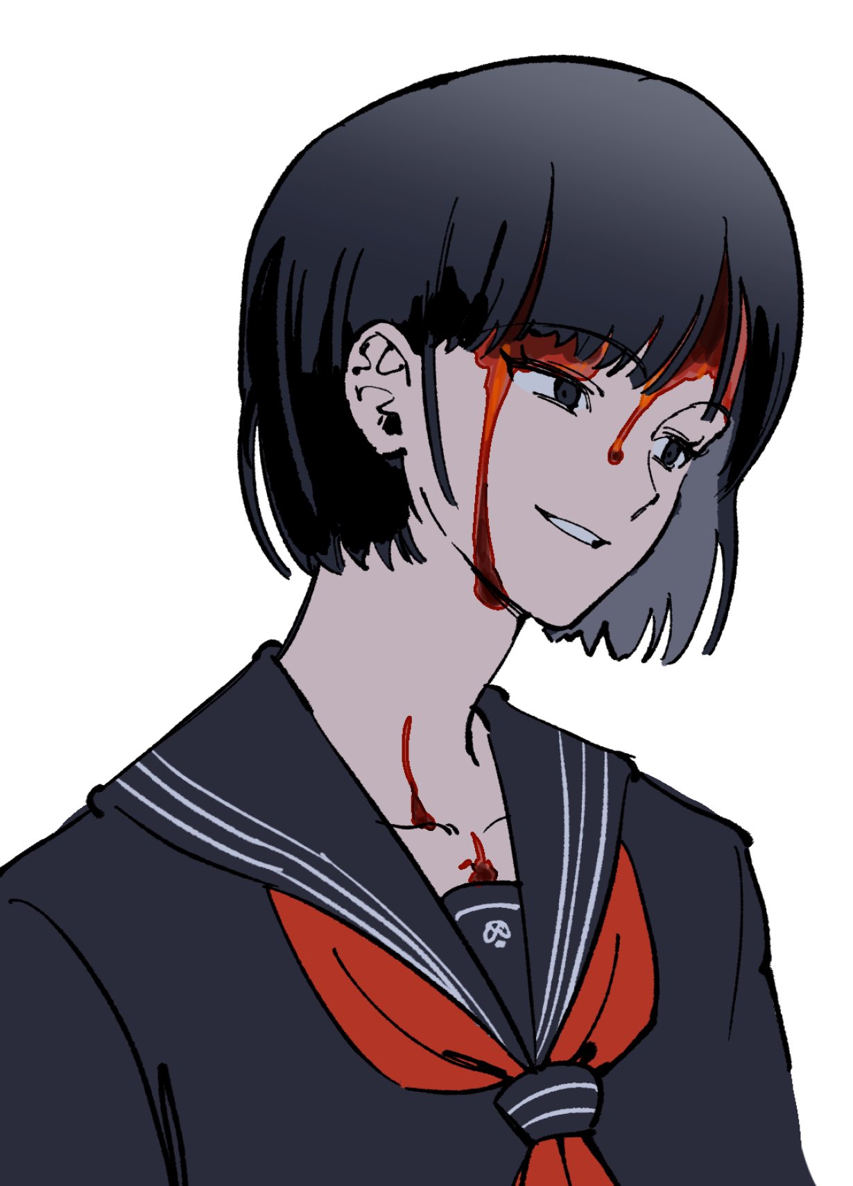 haejeo1008, shimizu hinako, silent hill (series), silent hill f, highres, 1girl, black sailor collar, black serafuku, blood, blood on face, neckerchief, red neckerchief, sailor collar, school uniform, serafuku, smile, solo