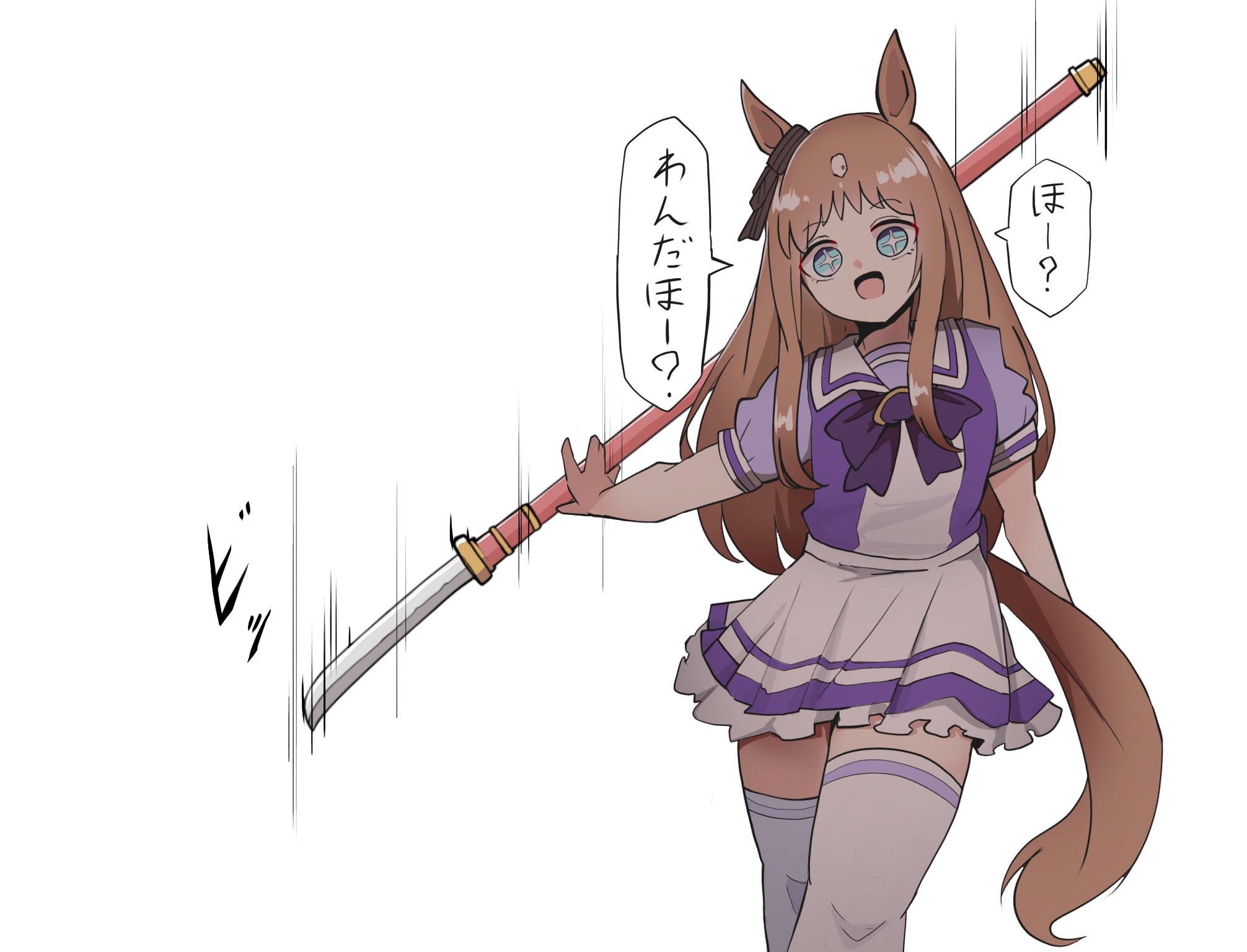 kawamochi (tddm3573), grass wonder (umamusume), umamusume, highres, translation request, + +, 1girl, animal ears, blue eyes, bow, brown hair, frilled skirt, frills, head tilt, holding, holding polearm, holding weapon, horse ears, horse girl, horse tail, motion lines, multicolored hair, naginata, pleated skirt, polearm, puffy short sleeves, puffy sleeves, purple bow, purple shirt, school uniform, shirt, short sleeves, simple background, skirt, solo, speed lines, tail, thighhighs, tracen school uniform, two-tone hair, weapon, white background, white hair, white skirt, white thighhighs