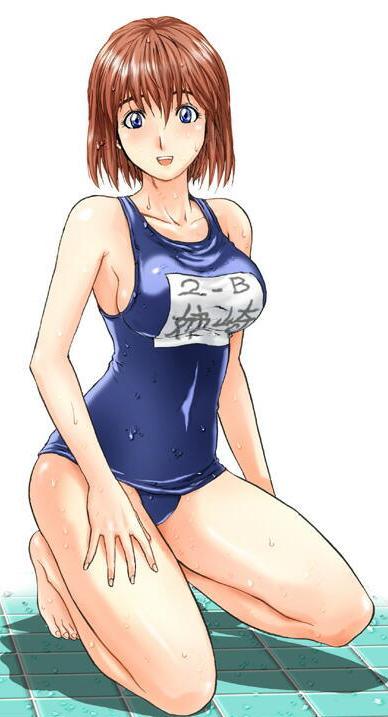 kon-kit, anezaki mamori, eyeshield 21, non-web source, 00s, 1girl, bare shoulders, blue eyes, female focus, kneeling, one-piece swimsuit, red hair, school swimsuit, short hair, solo, swimsuit