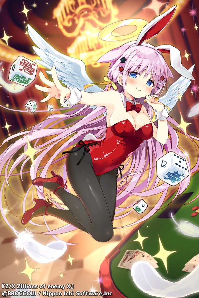 nagayama yuunon, z/x, official art, 1girl, animal ear hairband, animal ears, black pantyhose, bow, bowtie, breasts, card, casino card table, cleavage, closed mouth, collar, copyright notice, detached collar, dice, fake animal ears, feathered wings, feathers, hair ornament, hair ribbon, hairband, hairclip, halo, high heels, indoors, large breasts, leotard, long hair, looking at viewer, marie (z/x), pantyhose, playboy bunny, playing card, rabbit ear hairband, rabbit ears, red bow, red bowtie, red leotard, red shoes, ribbon, shoes, solo, sparkle, strapless, strapless leotard, table, traditional halo, very long hair, white collar, white feathers, white wrist cuffs, wings, wrist cuffs, yellow ribbon