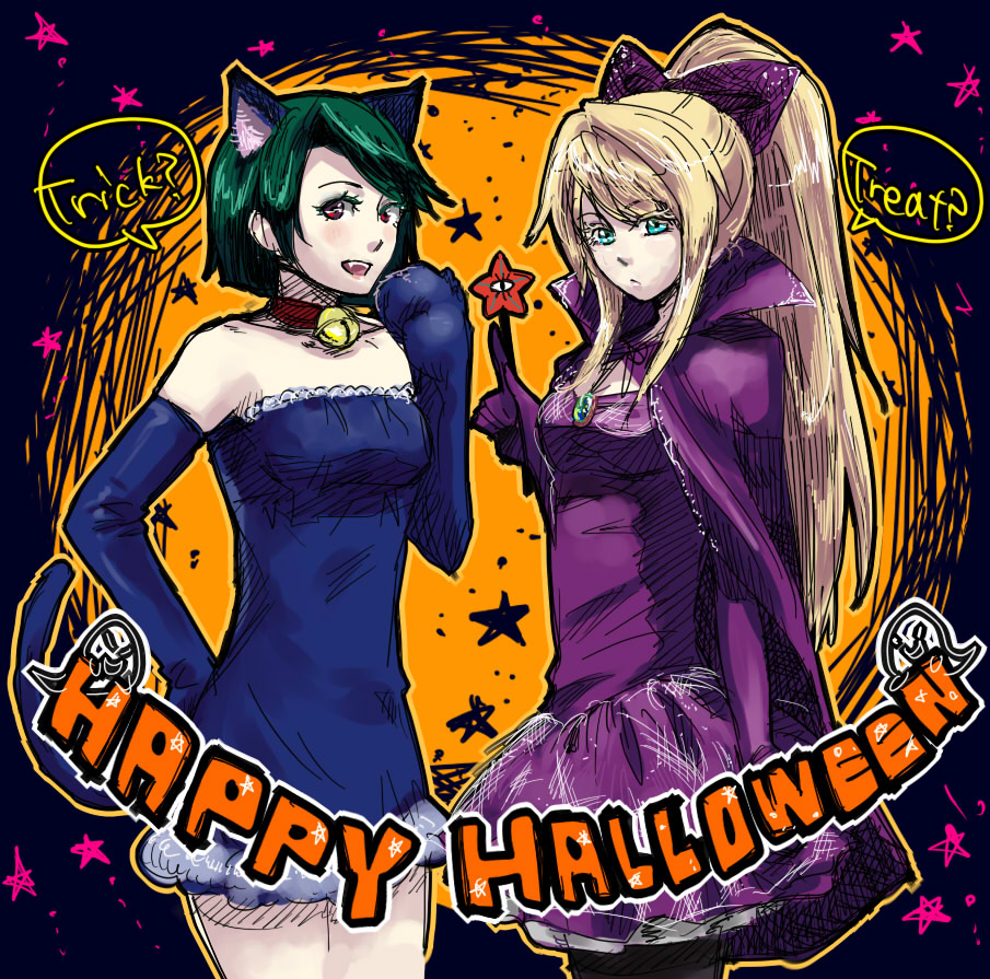 enso, satou karume, leslie sears, tonegawa anju, chou shittou caduceus, bad id, bad pixiv id, 2girls, animal ears, animal hands, bell, blonde hair, blue eyes, bow, cape, cat ears, cat tail, collar, dress, elbow gloves, gloves, green hair, hair bow, halloween, hand on own hip, happy halloween, hip focus, long hair, multiple girls, neck bell, pantyhose, ponytail, red hair, short hair, star (symbol), tail, trick or treat, wand