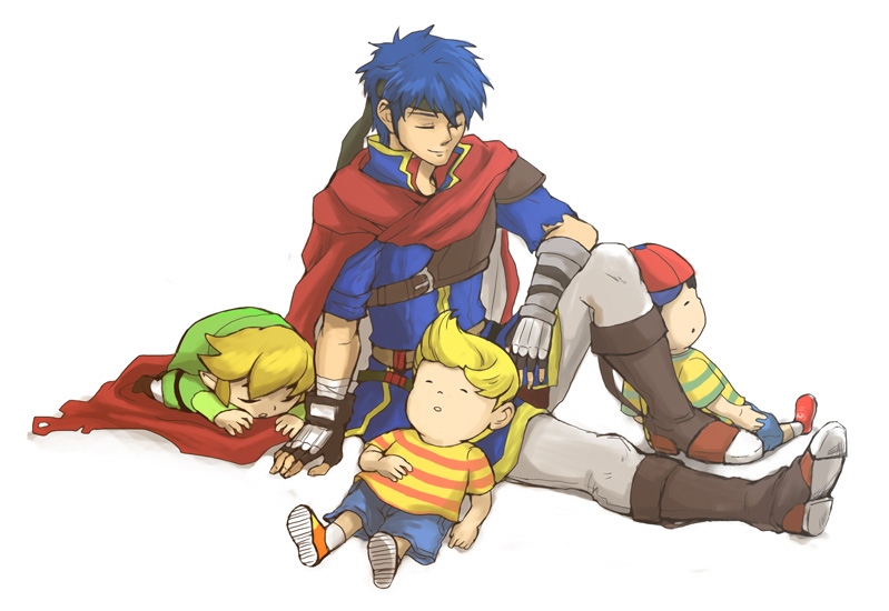 ike (fire emblem), link, lucas (mother 3), ness (mother 2), toon link, fire emblem, fire emblem: path of radiance, mother (series), mother 2, mother 3, nintendo, super smash bros., the legend of zelda, 4boys, black hair, blonde hair, blue hair, cape, child, hat, headband, male focus, multiple boys, pointy ears, quiff, shirt, sleeping, smile, striped clothes, striped shirt