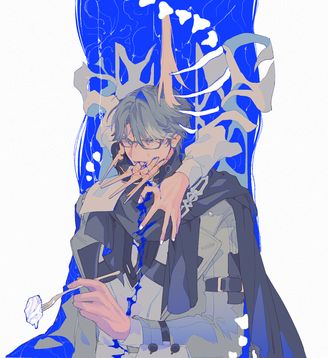 pokashi, void archives, welt yang, honkai (series), honkai impact 3rd, highres, 2boys, black gloves, black scarf, blonde hair, blood, blood from mouth, blood on clothes, blue blood, blue eyes, coat, fork, glasses, gloves, grey coat, grey hair, hand in another's mouth, holding, holding fork, long sleeves, male focus, multicolored hair, multiple boys, open clothes, open coat, scarf, semi-rimless eyewear, short hair, single glove, streaked hair, sweat, two-tone hair, under-rim eyewear, vest, white hair, yaoi