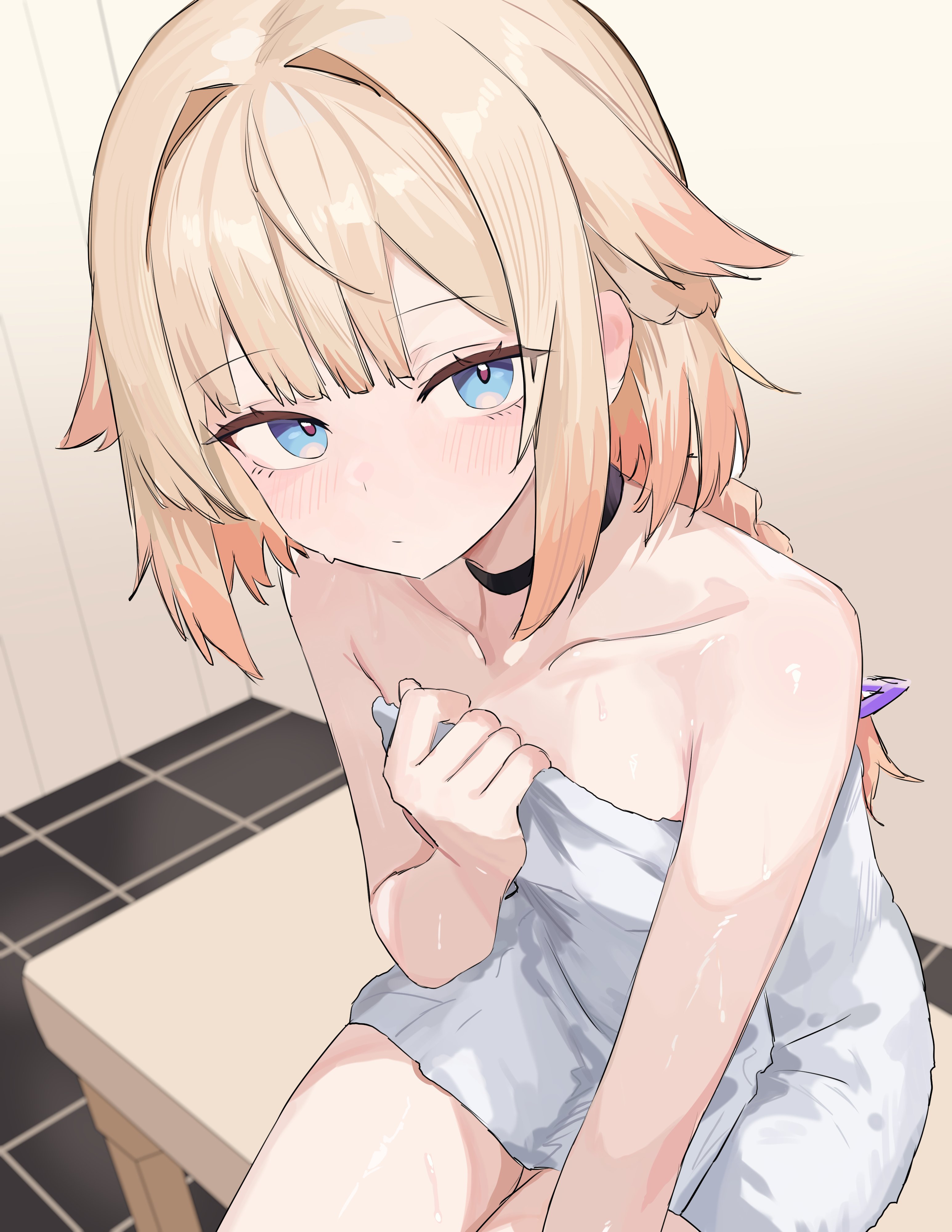 laceys es, one (cevio), cevio, original, absurdres, highres, 1girl, bare shoulders, black choker, blonde hair, blue eyes, blush, braid, braided ponytail, choker, closed mouth, collarbone, hair flaps, indoors, long hair, looking at viewer, naked towel, sitting, solo, tiles, towel, virtual youtuber, wet