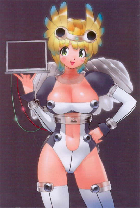 yoshizaki mine, 1girl, blonde hair, breasts, cable, cleavage, computer, female focus, green eyes, hand on own hip, large breasts, solo, thighhighs