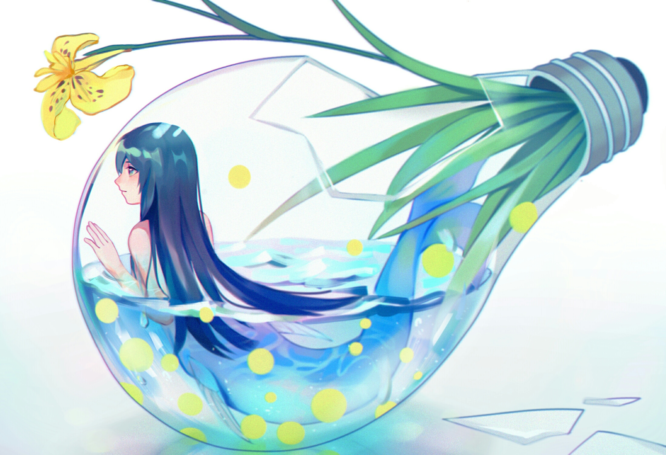 meyrikun, original, commentary request, highres, 1girl, black hair, broken glass, closed mouth, damaged, flower, from side, full body, glass, glass shards, inside light bulb, light bulb, long hair, mermaid, mermaid out of environment, monster girl, nude, partially submerged, profile, solo, very long hair, water, white background, yellow flower
